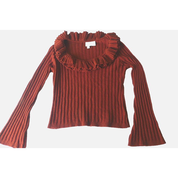 F.L. Malik Ruffle Scoop Ribbed Sweater Women's MEDIUM Bell Sleeve Y2K Cropped - Picture 1 of 8
